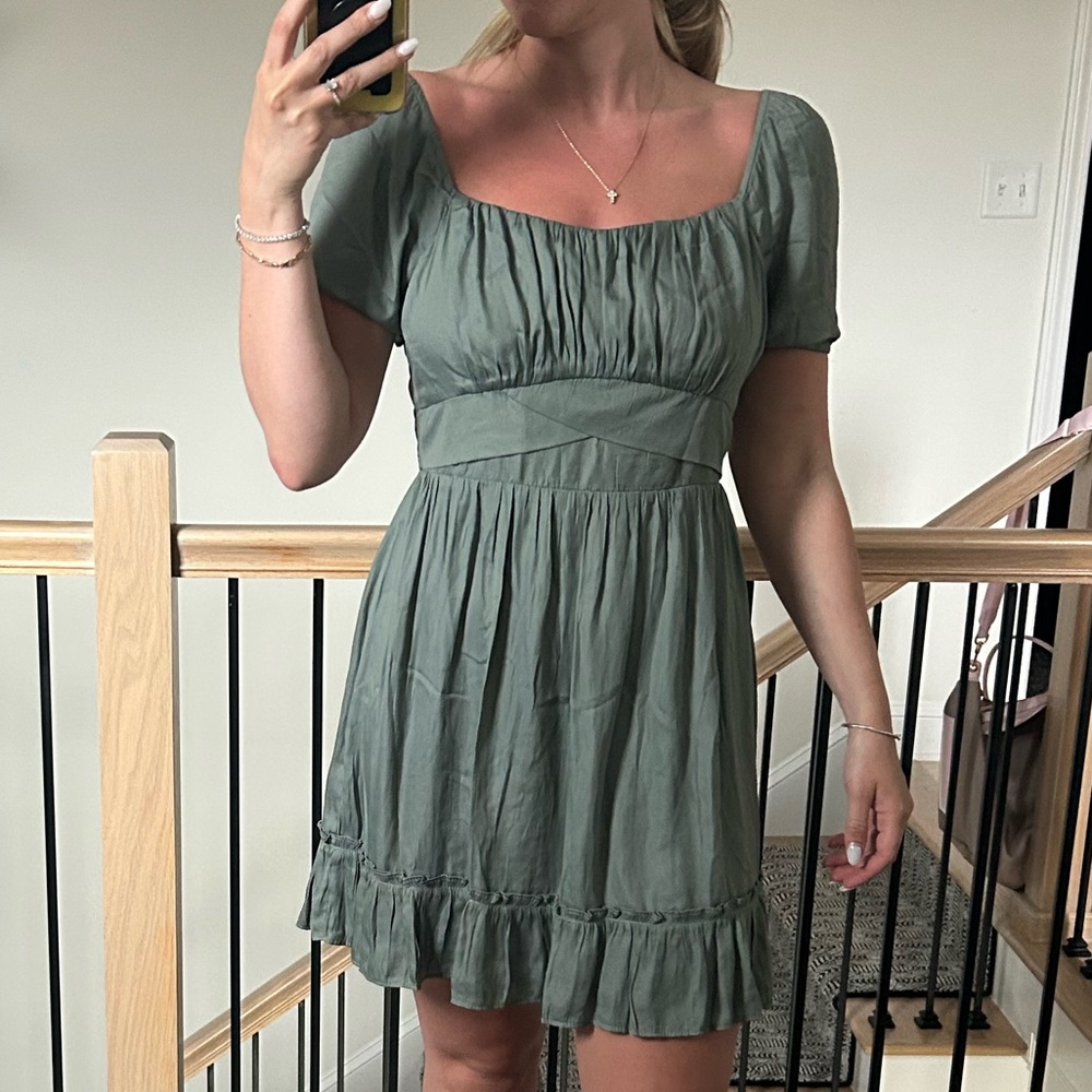 Altar'd State Sage Green Square-Neck Puff Sleeve Mini Dress